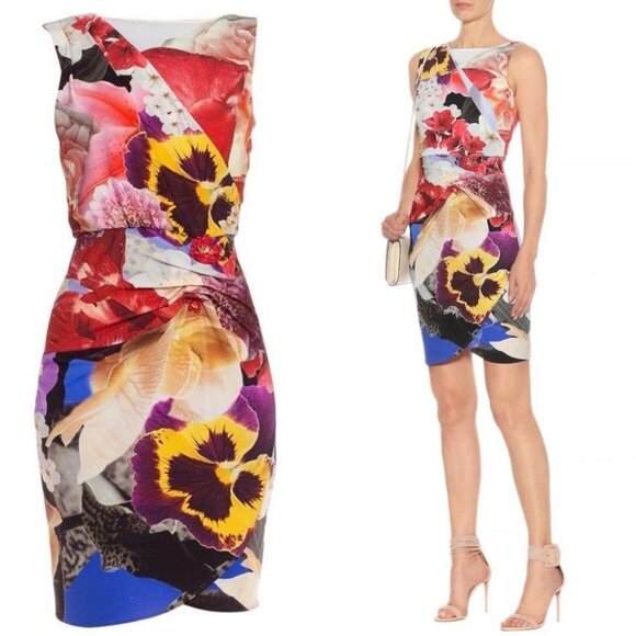 Roberto Cavalli Araki Printed Floral Dress Gathered Mini Multicolor 44  US 10 - Picture 1 of 16